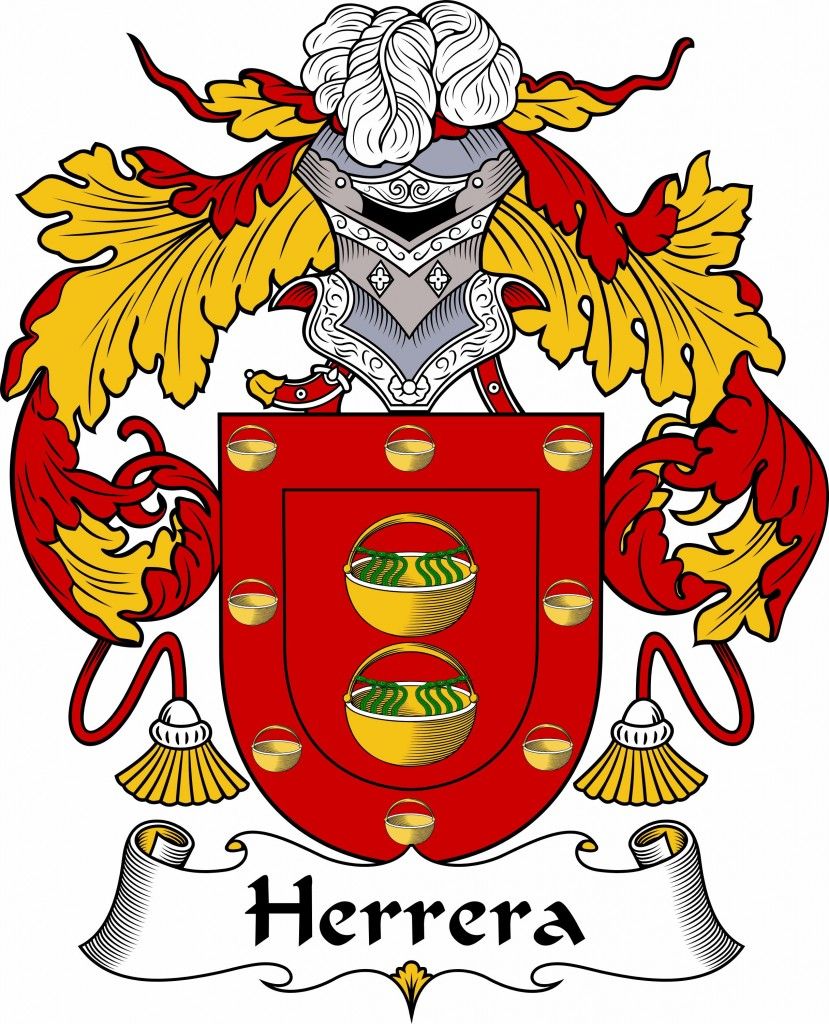 Escudo de armas del apellido Herrera: campo de gules con dos calderas de oro y bordura cargada de bezantes